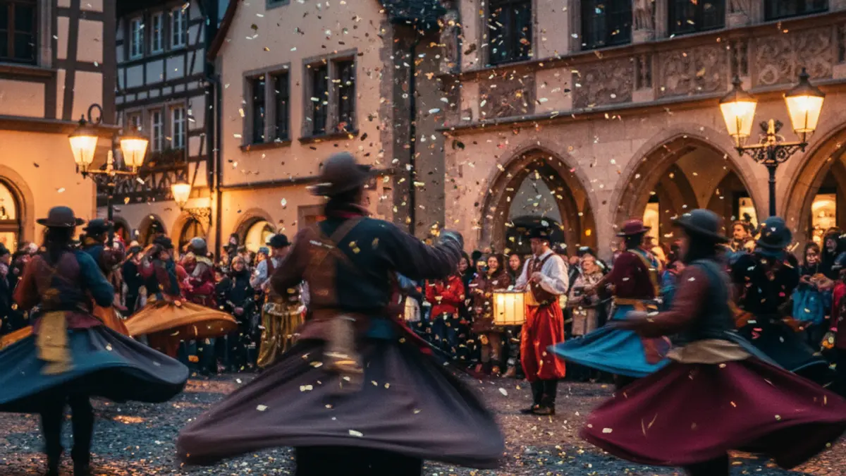Imagen genérica de un pasacalles festivo con gente bailando y confeti.