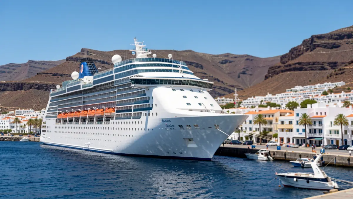 Imagen genérica de un crucero atracado en el puerto de Arrecife, Lanzarote, con el paisaje volcánico de fondo.