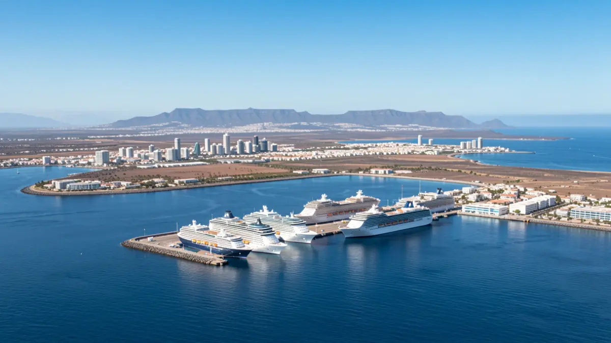 Aerial view of the port of Arrecife with cruise ships docked.