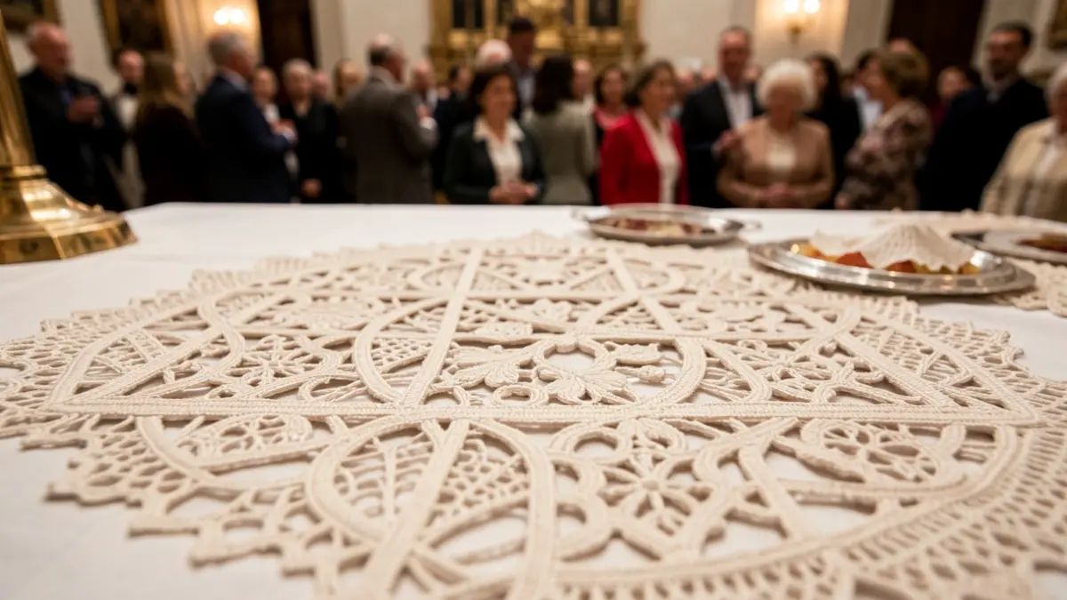 Detalle de encaje canario tradicional (calado) con símbolos como pintaderas sobre un mantel de altar blanco.