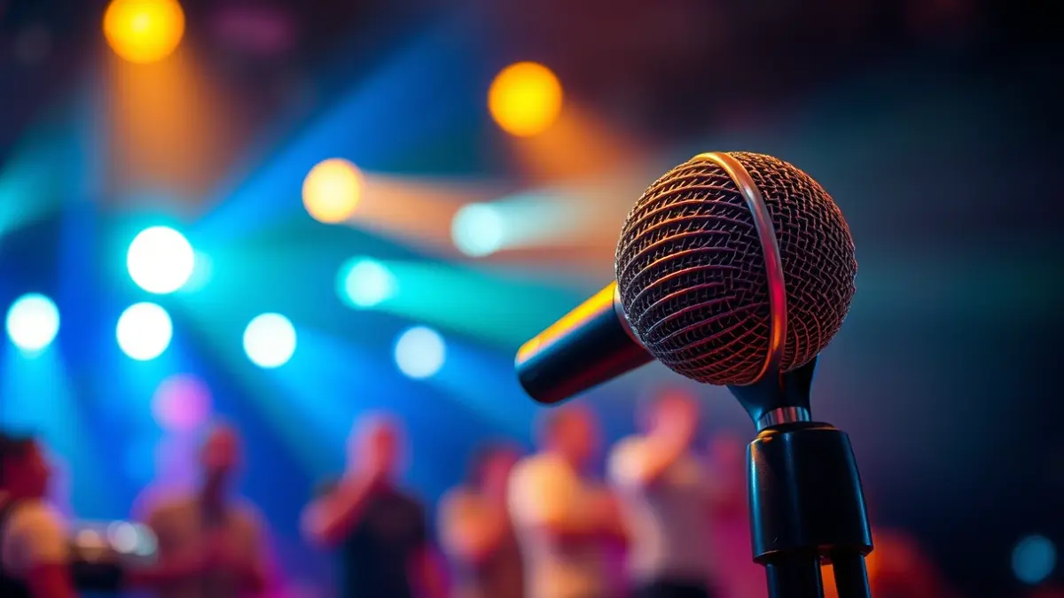 Generic image of a microphone on a stage with concert lights.