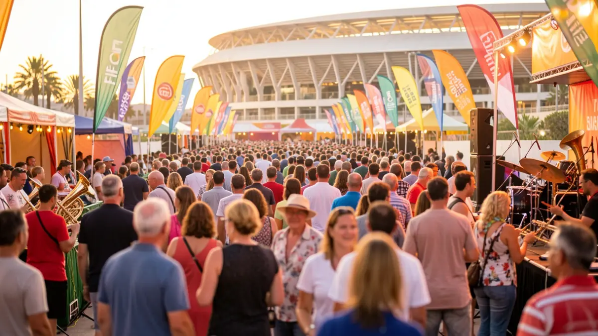 Generic image of a festive Fan Zone with crowds and cultural elements.