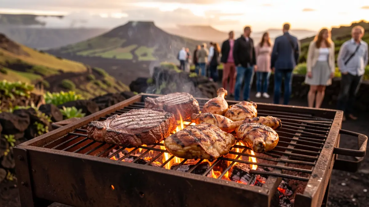 Imagen genérica de carnes a la parrilla en un asador rústico con paisaje canario al fondo.
