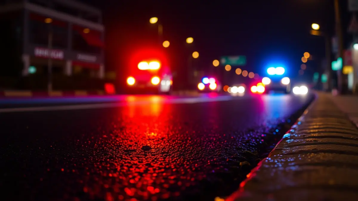 Imagen genérica de luces de emergencia reflejándose en el asfalto mojado por la noche.