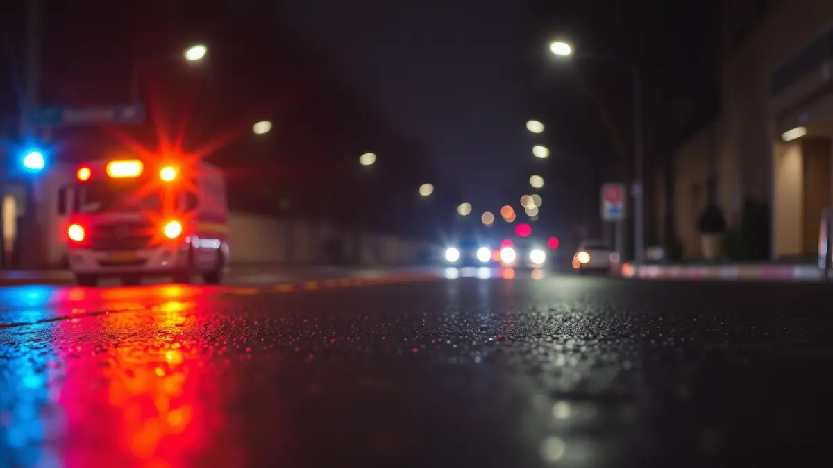 Imagen genérica de luces de emergencia reflejadas en el asfalto mojado por la noche.