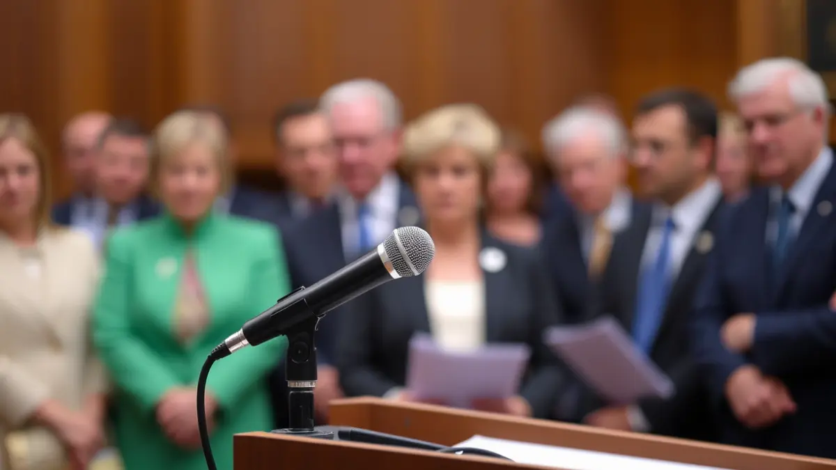 Generic image of a microphone on a podium during a parliamentary debate.