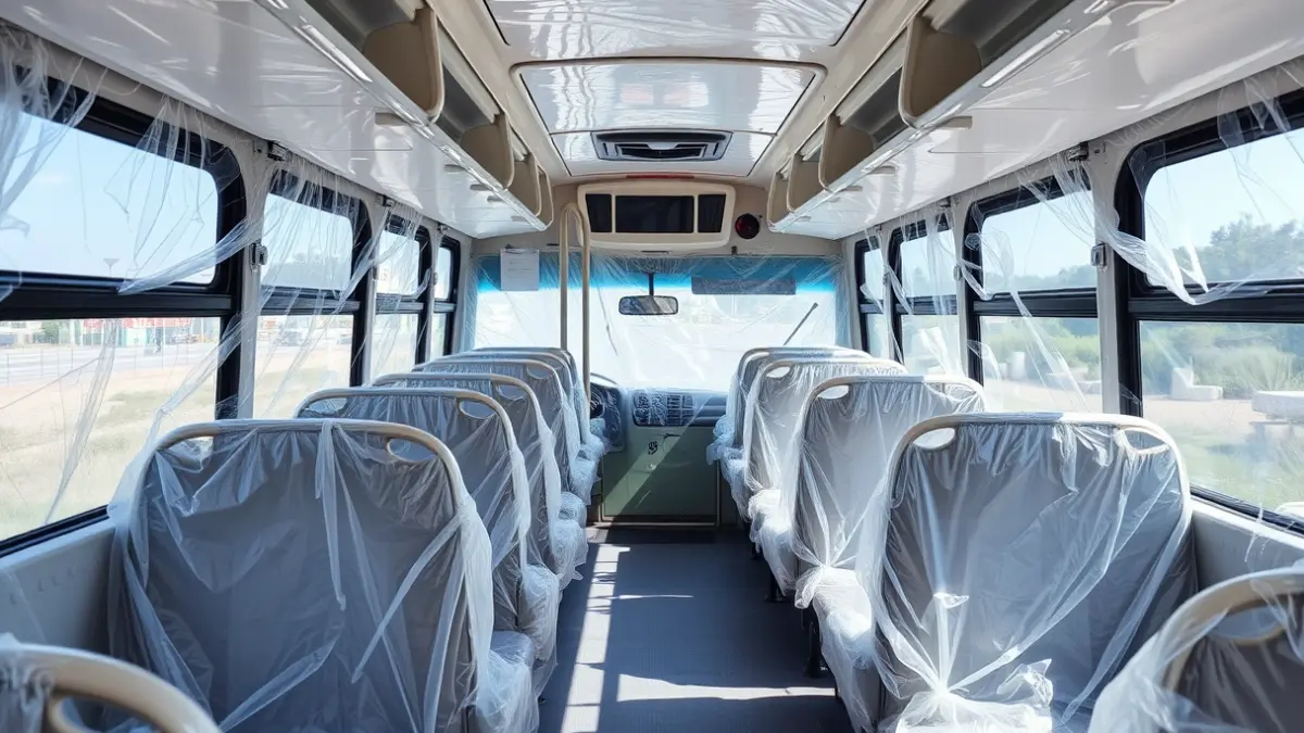 Interior de una guagua burbuja completamente plastificado para el transporte seguro de pasajeros.