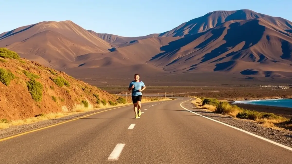 Imagen de un corredor en una carretera costera de Lanzarote con paisaje volcánico de fondo.