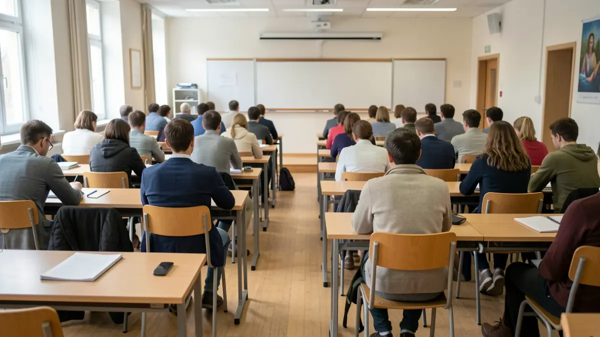 Generic image of a university classroom with students in an unsuitable arrangement for teaching.