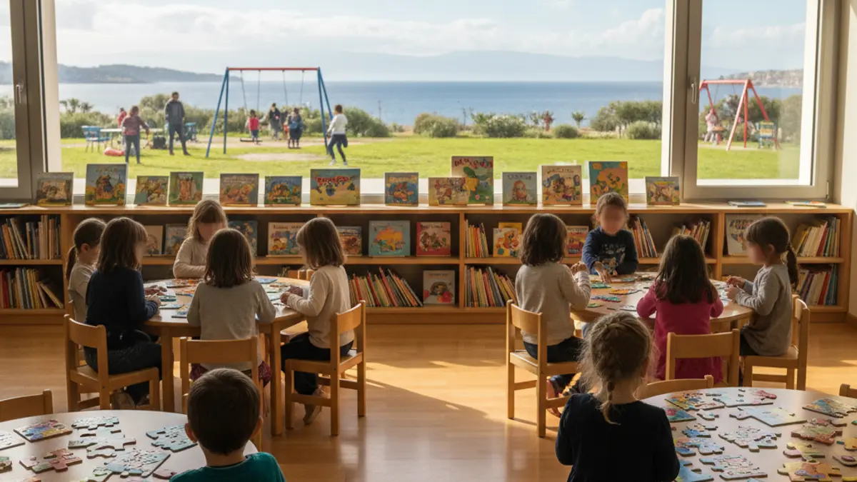 Imagen de un aula hospitalaria con mesas redondas, puzles y libros, con un ventanal que da a un parque y el mar.