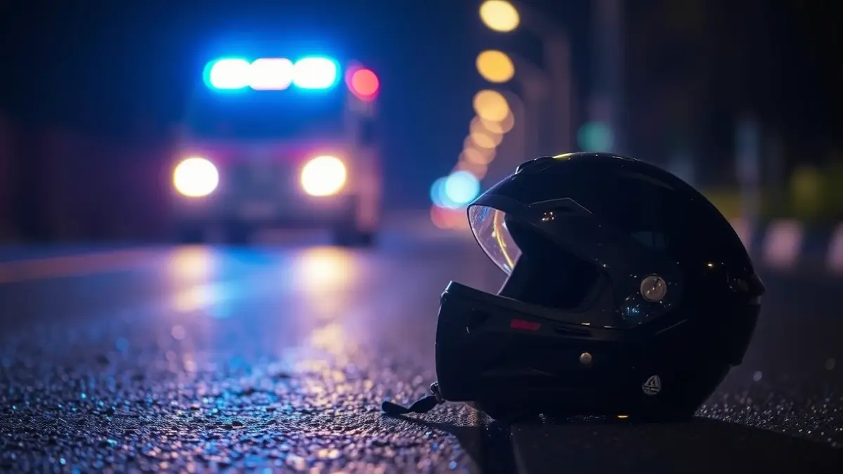 Imagen de un casco de motocicleta roto en el asfalto, con luces de emergencia borrosas al fondo, simbolizando un accidente de tráfico.