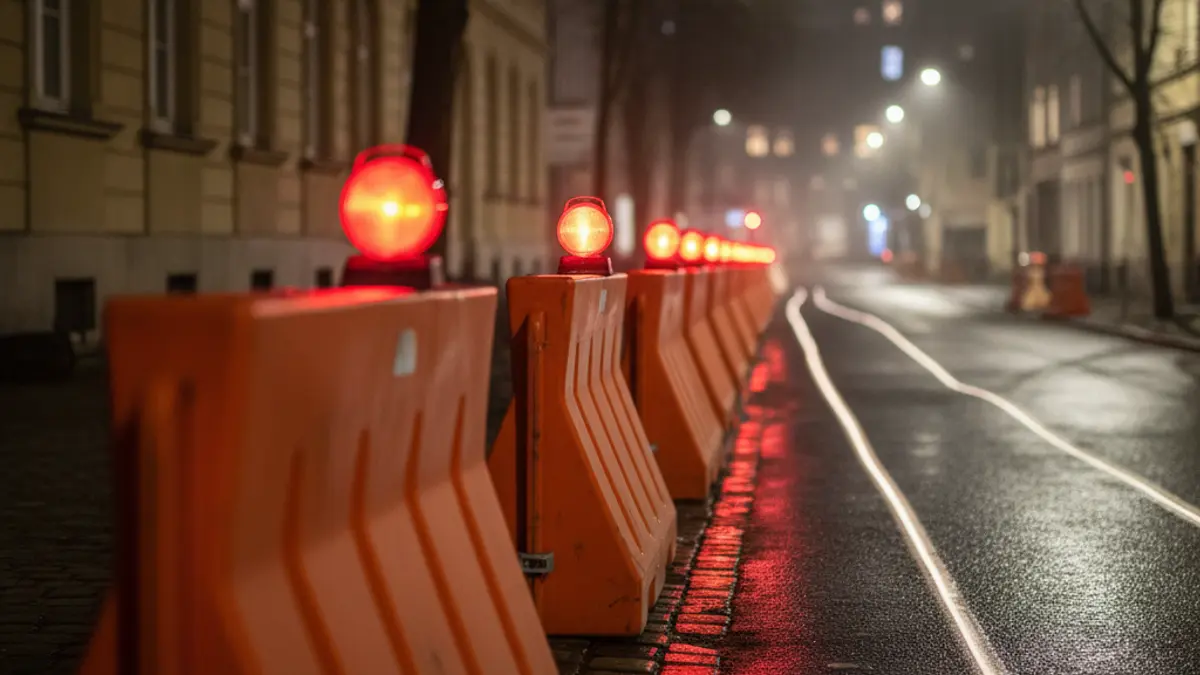 Generic image of nighttime road construction in a residential street, with barriers and warning lights.