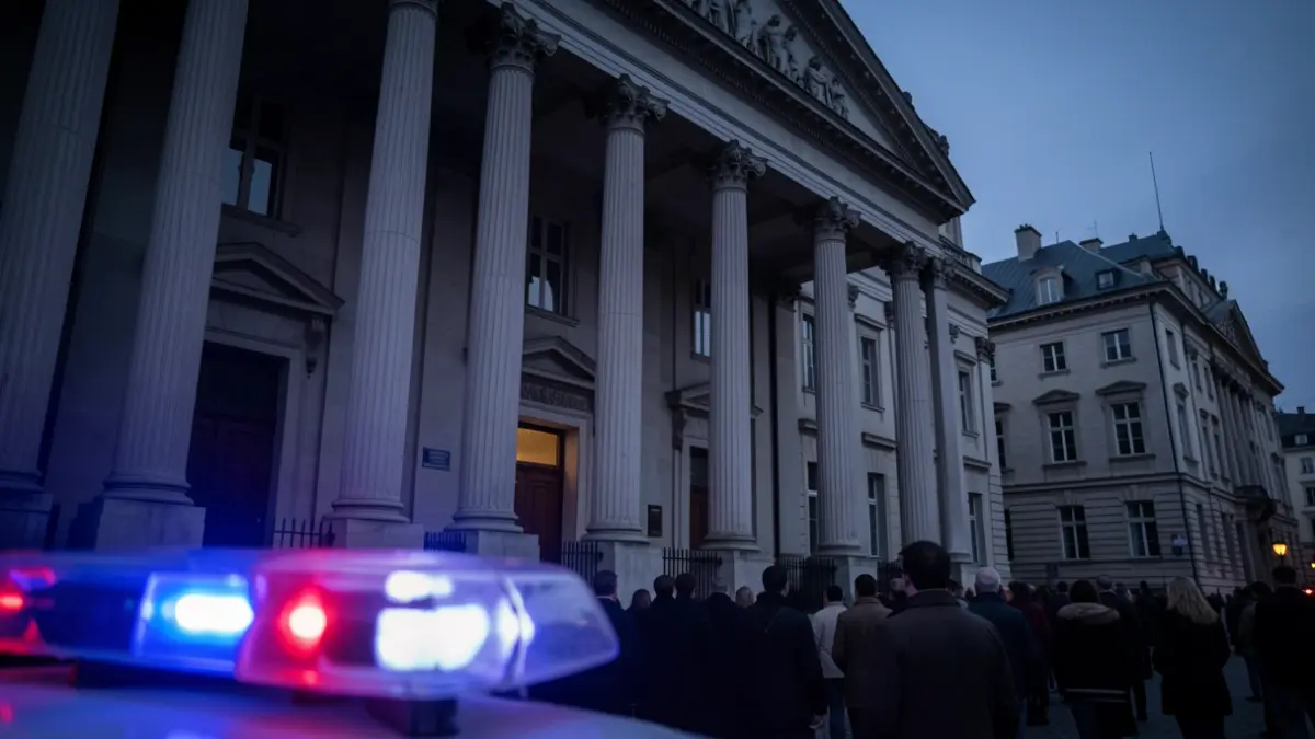 Imagen genérica de un edificio institucional con luces de emergencia borrosas.