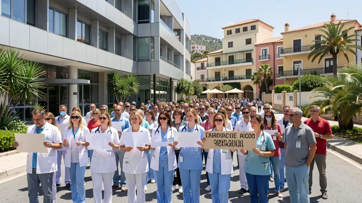Generic image of administrative healthcare staff protesting in front of a hospital.