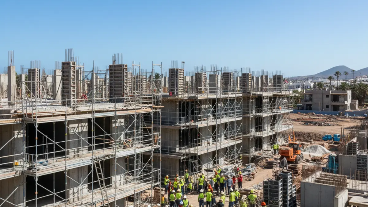 Image of a construction site with partially built residential buildings in Santa Cruz de Tenerife.