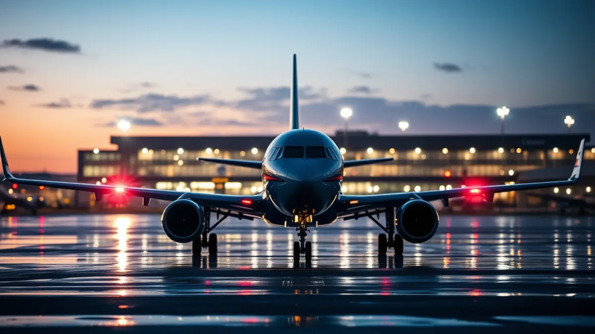 Avión medicalizado en la pista de un aeropuerto al atardecer.