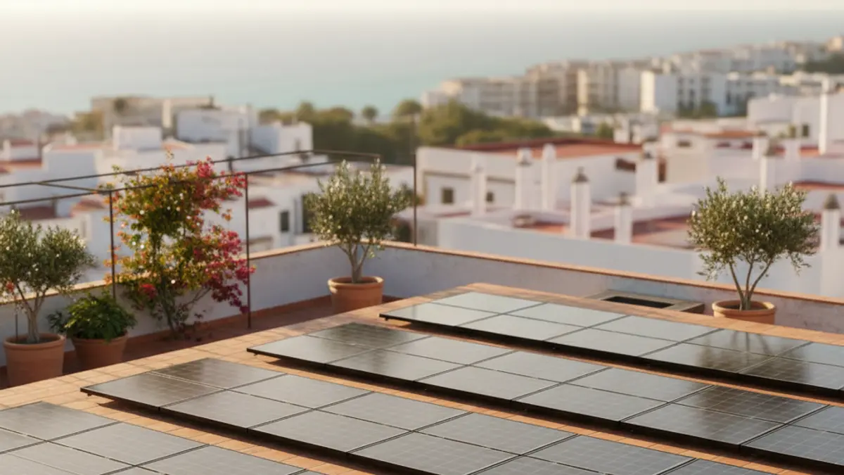 Generic image of solar panels on a rooftop, symbolizing shared self-consumption.