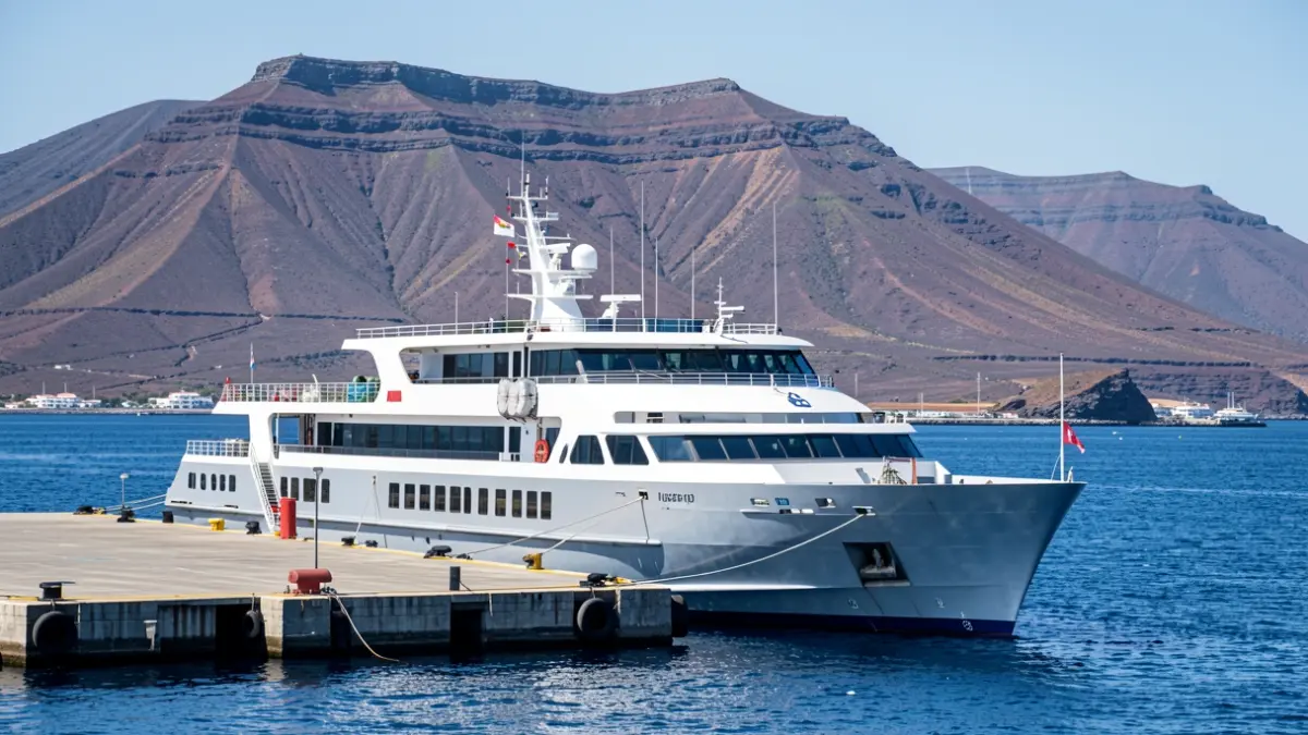 Ferry de Baleària atracado en un puerto canario con montañas volcánicas y mar azul de fondo.