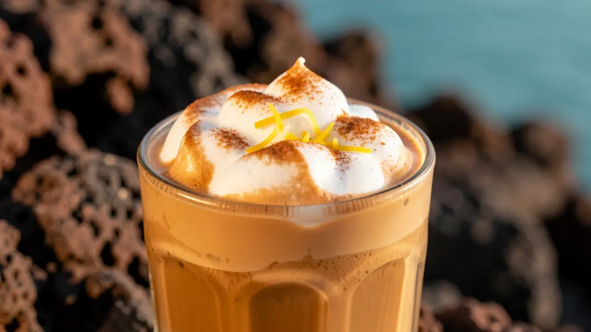 Imagen de un barraquito con espuma de leche simulando nubes y detalles de canela y limón.
