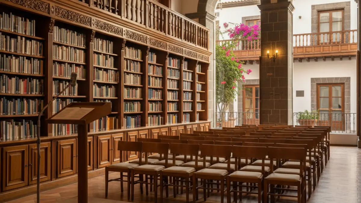 Generic image of a reading or cultural presentation setting, with bookshelves and a microphone.