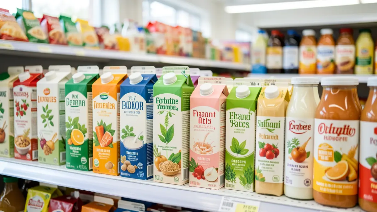Variety of plant-based drink containers on a supermarket shelf.