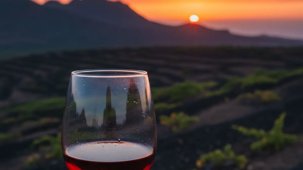 Image of a wine glass with vineyards and volcanic landscape in the background in the Canary Islands.