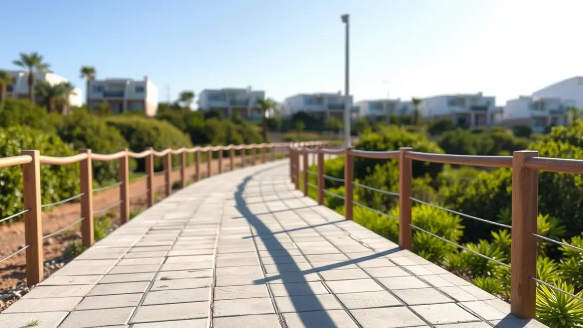Imagen de un nuevo paseo peatonal en Breña Alta, La Palma, con barreras de seguridad y vegetación.