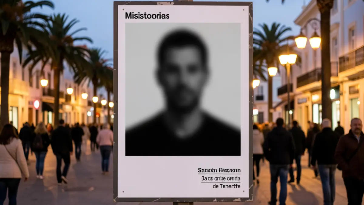 Imagen genérica de un cartel de desaparecido con silueta borrosa y luces de ciudad al atardecer.
