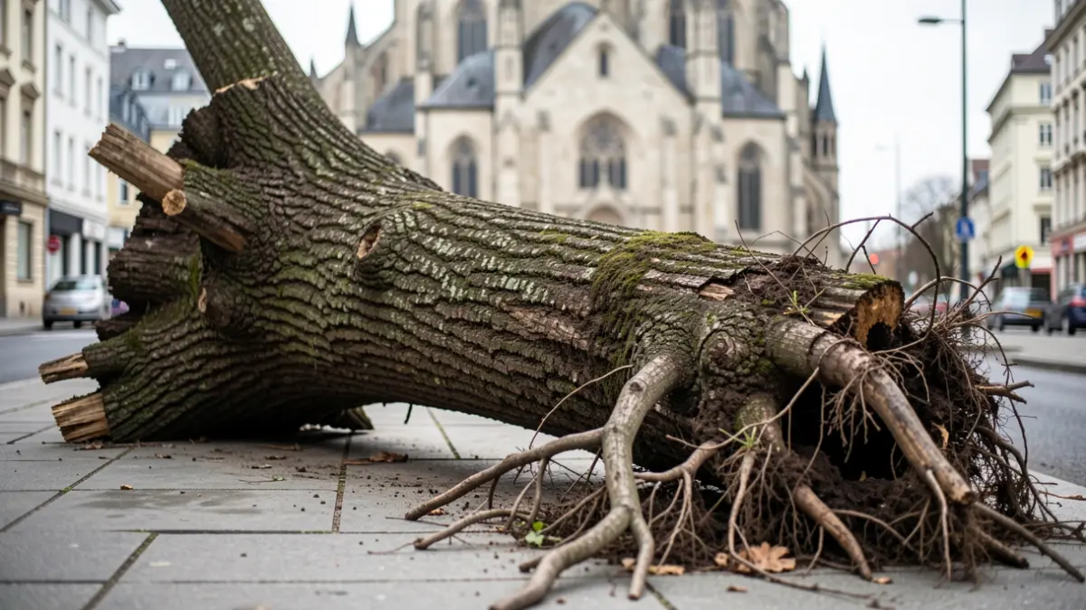 Image of a fallen tree on Tomás Morales street, Las Palmas de Gran Canaria, near the Santa Teresita church.