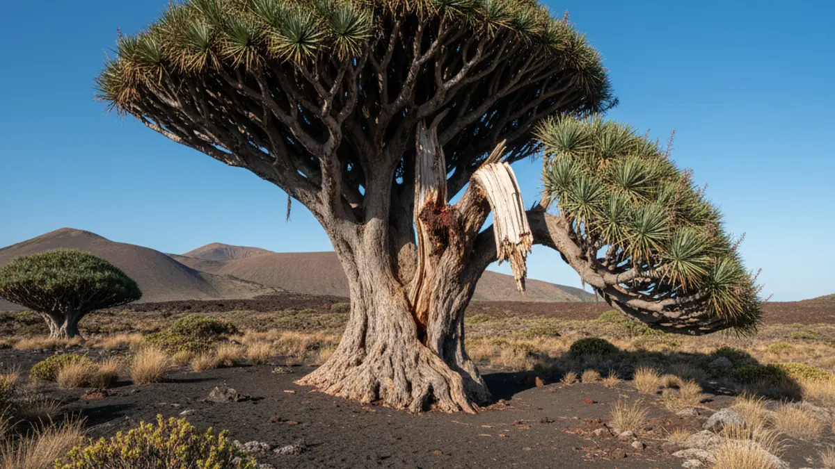 Imagen de un drago centenario con parte de su tronco caído en un paisaje canario.