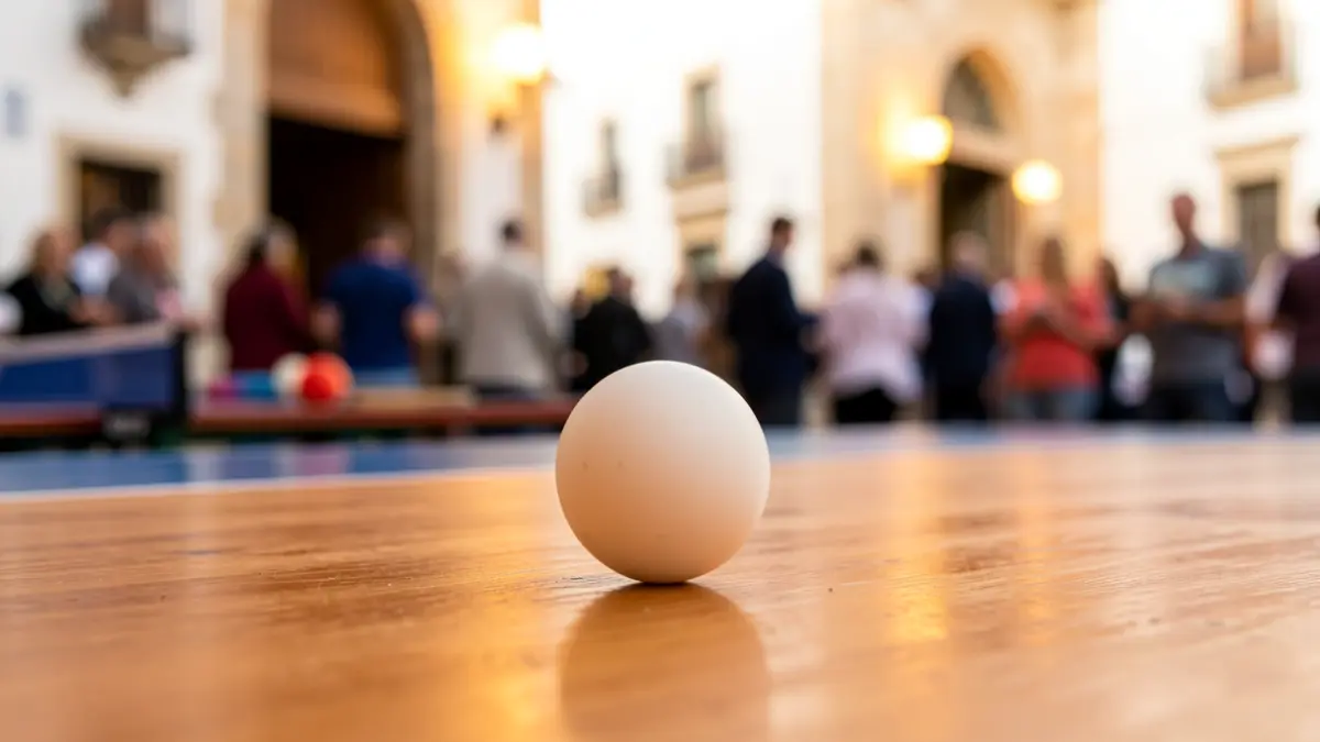 Pelota de tenis de mesa sobre una mesa de madera, con equipamiento deportivo y arquitectura canaria de fondo.