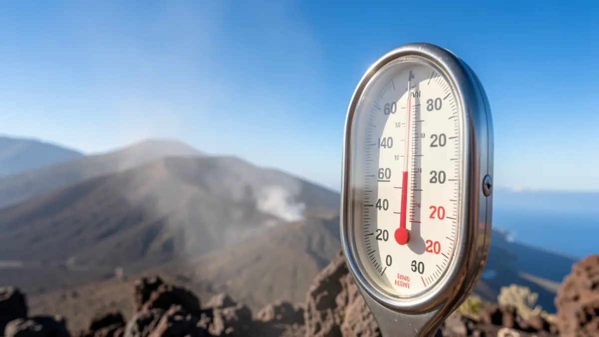 Generic image of a thermometer showing high temperatures over a Canary Islands volcanic landscape.
