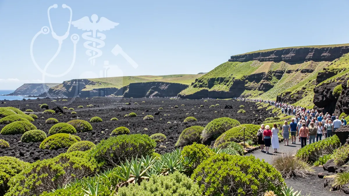 Imagen genérica del paisaje de las Islas Canarias con símbolos médicos.