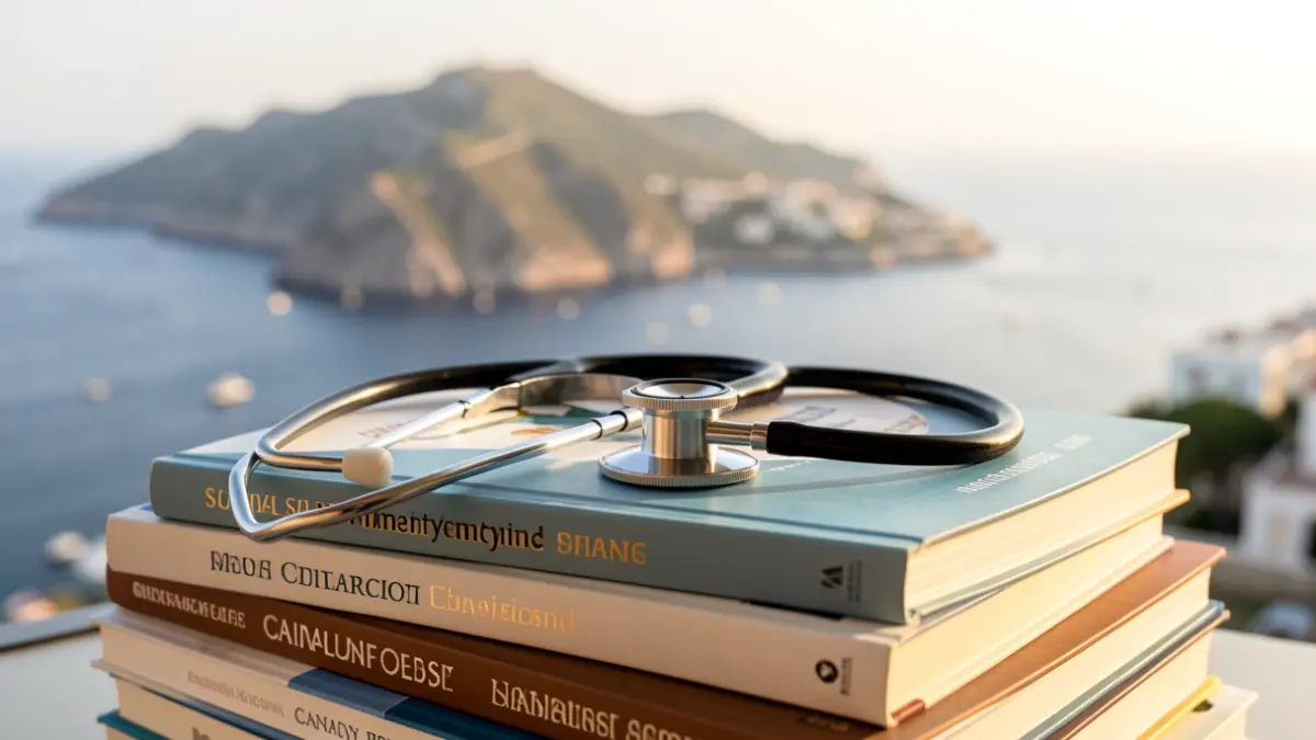 Imagen genérica de un estetoscopio sobre libros de medicina con un paisaje de Canarias al fondo.