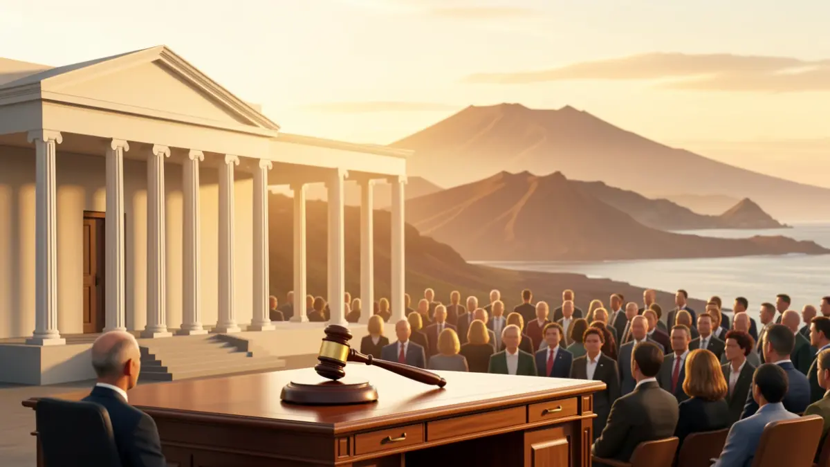 Symbolic image of the Canary Islands' self-government anniversary, featuring architectural elements and a subtle landscape.
