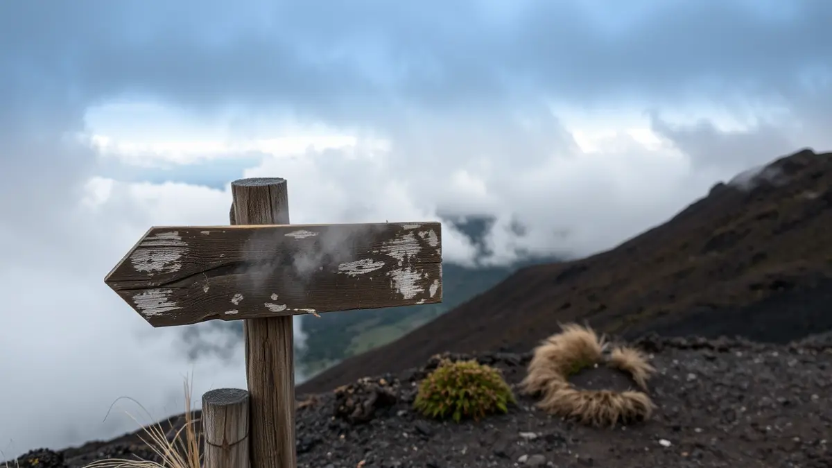 Imagen genérica de un sendero de montaña con niebla y viento, simbolizando el mal tiempo.