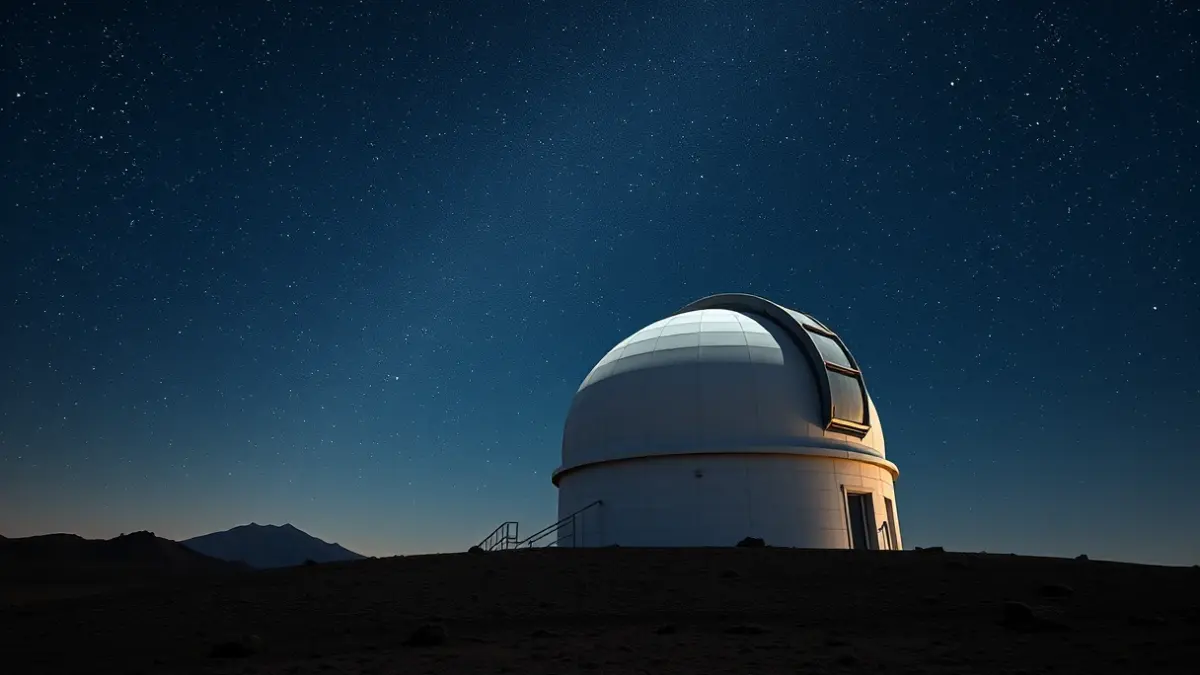 Imagen de un telescopio astronómico en un paisaje volcánico bajo un cielo estrellado.