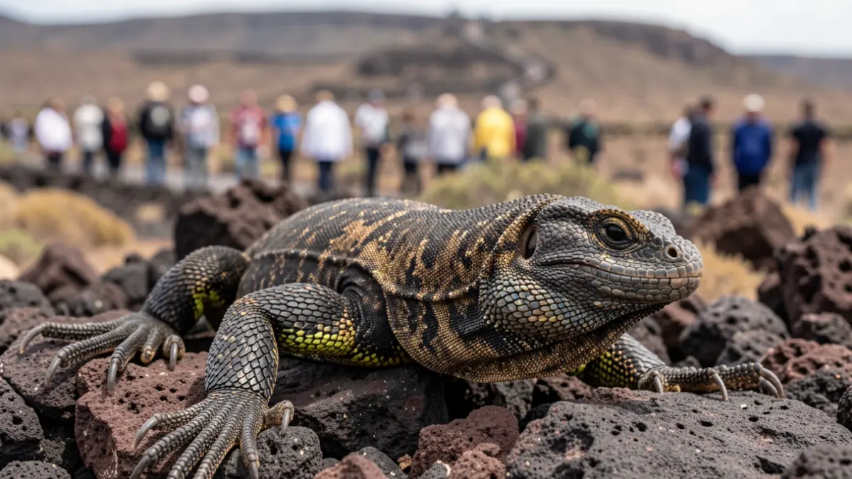 Primer plano de un lagarto gigante de El Hierro sobre roca volcánica.