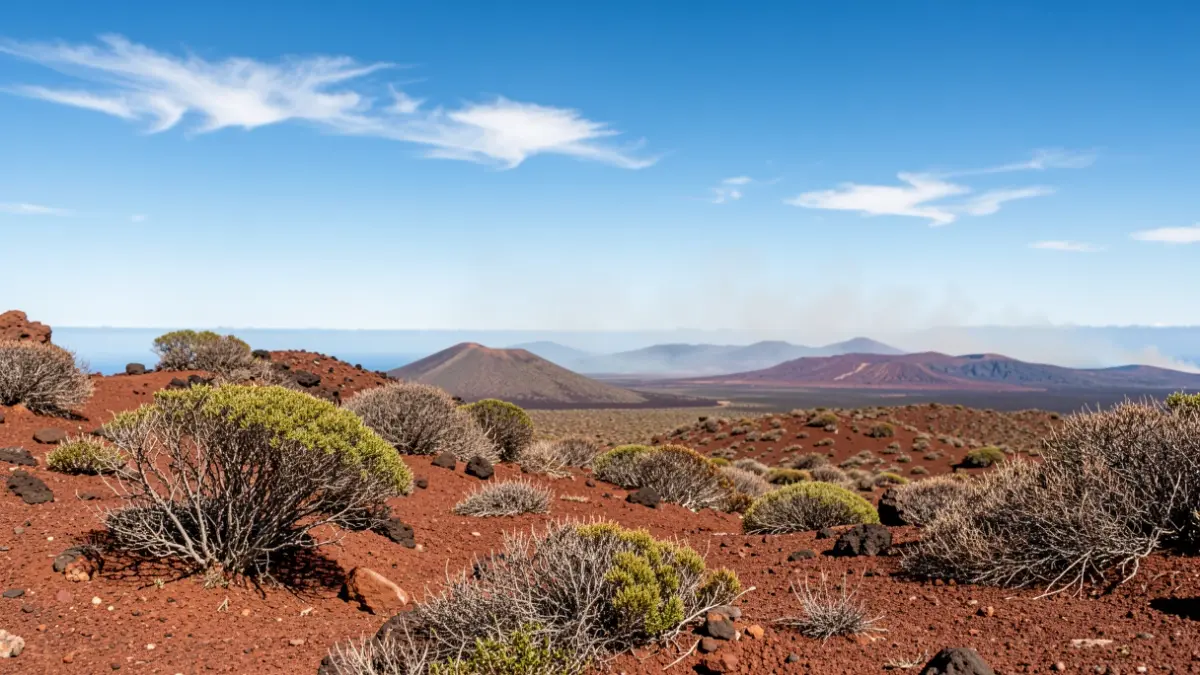 Volcanic landscape of Gran Canaria with dry vegetation under a hot sun.