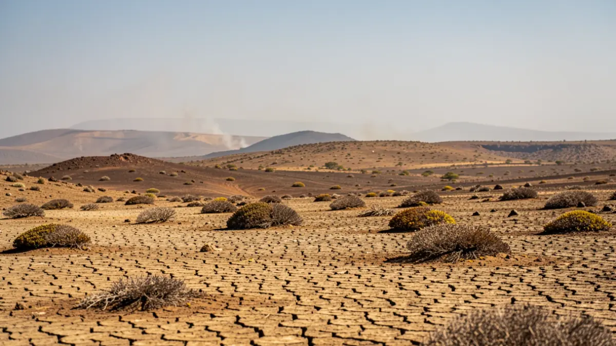 Generic image of a Canary Islands volcanic landscape with dry earth and a hazy sky.