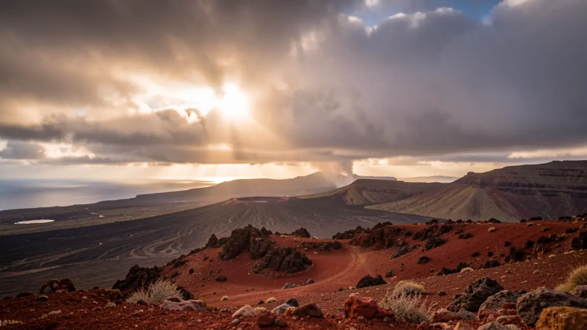 Imagen genérica de un paisaje volcánico canario con un cielo amenazante, sugiriendo calor intenso.