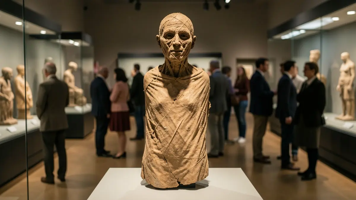 Well-preserved Guanche mummy in a museum display case.