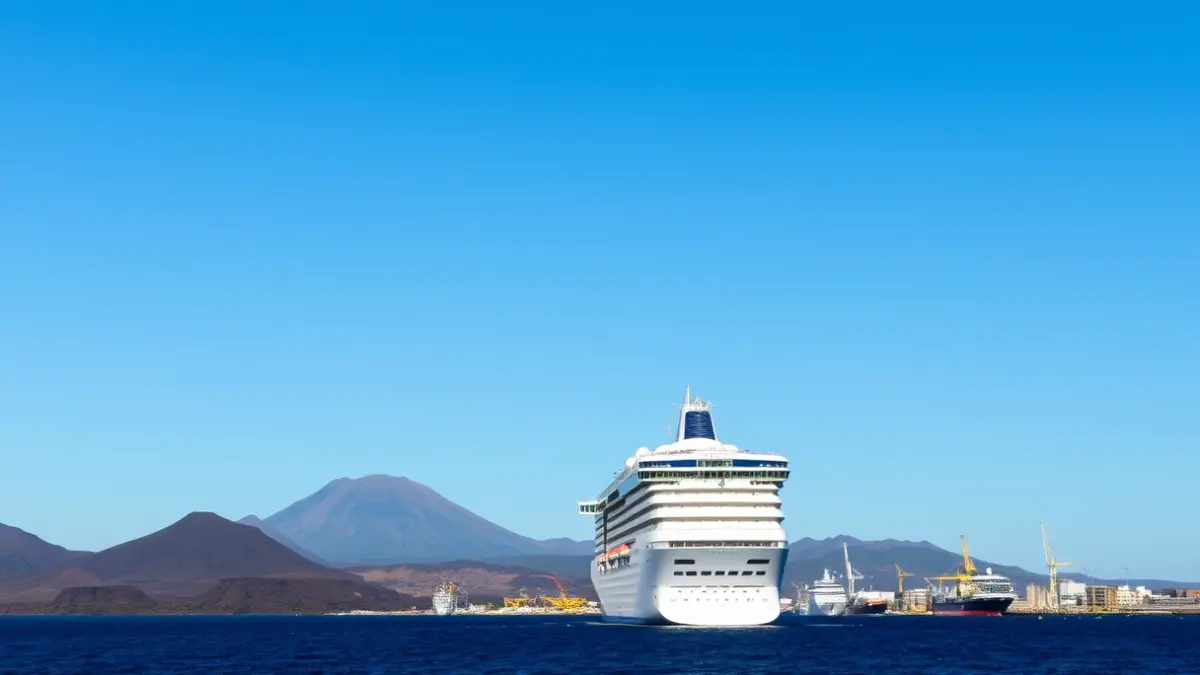Image of a cruise ship approaching a port in Tenerife, with the volcanic landscape in the background.