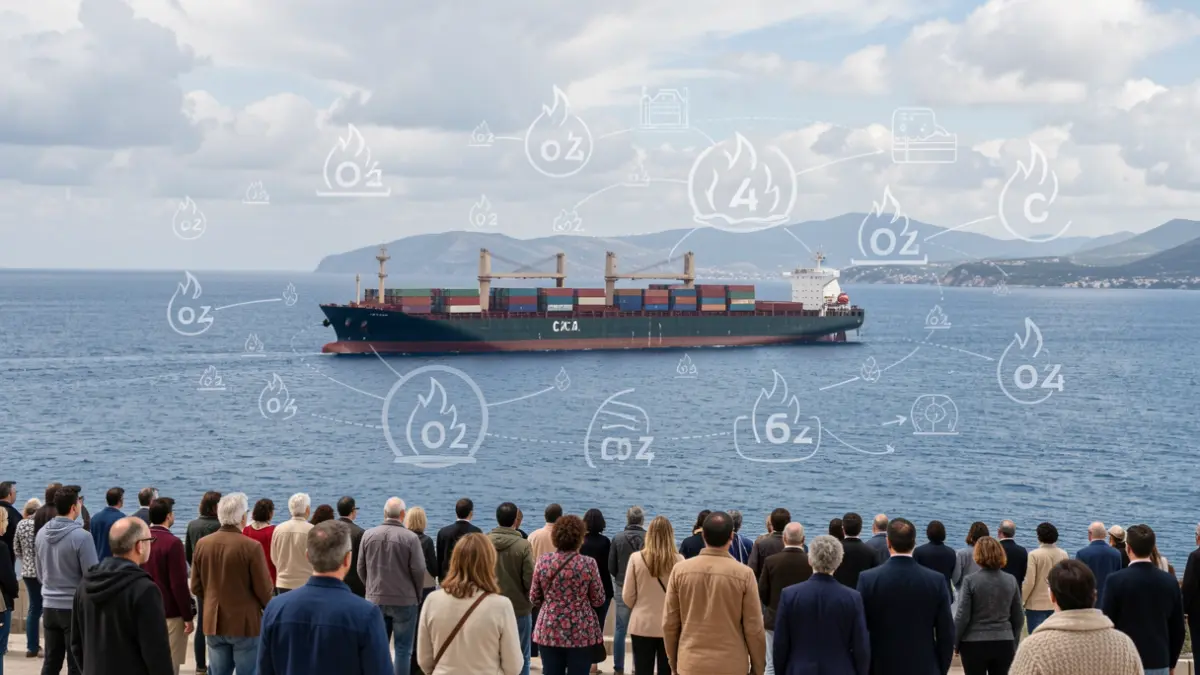 Imagen de un barco de carga cerca de las Islas Canarias con iconos de emisiones de CO2.