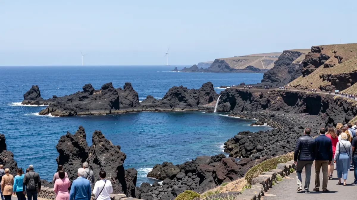 Generic image of the Canary Islands coastline with volcanic rock formations and the blue sea.