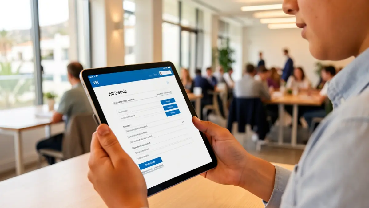 Imagen genérica de un joven utilizando una tablet para solicitar prácticas laborales en Canarias.