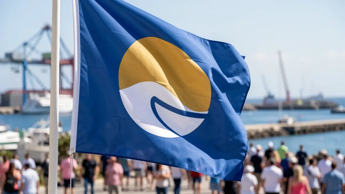 Blue Flag waving in a Canary Islands port.
