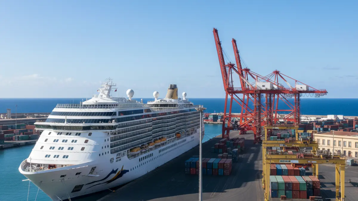 Image of a cruise ship docked at Granadilla port, Tenerife, with port infrastructure in the background.