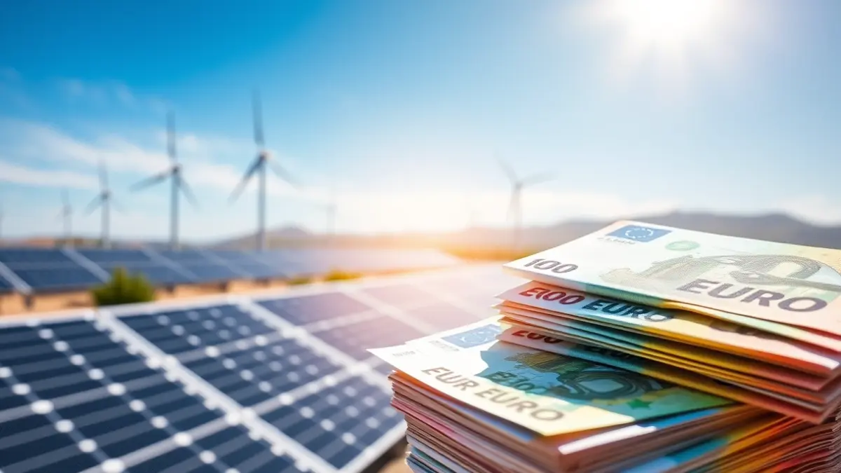 Imagen de billetes de euro con un fondo desenfocado de paneles solares y aerogeneradores, representando la financiación de energías renovables.