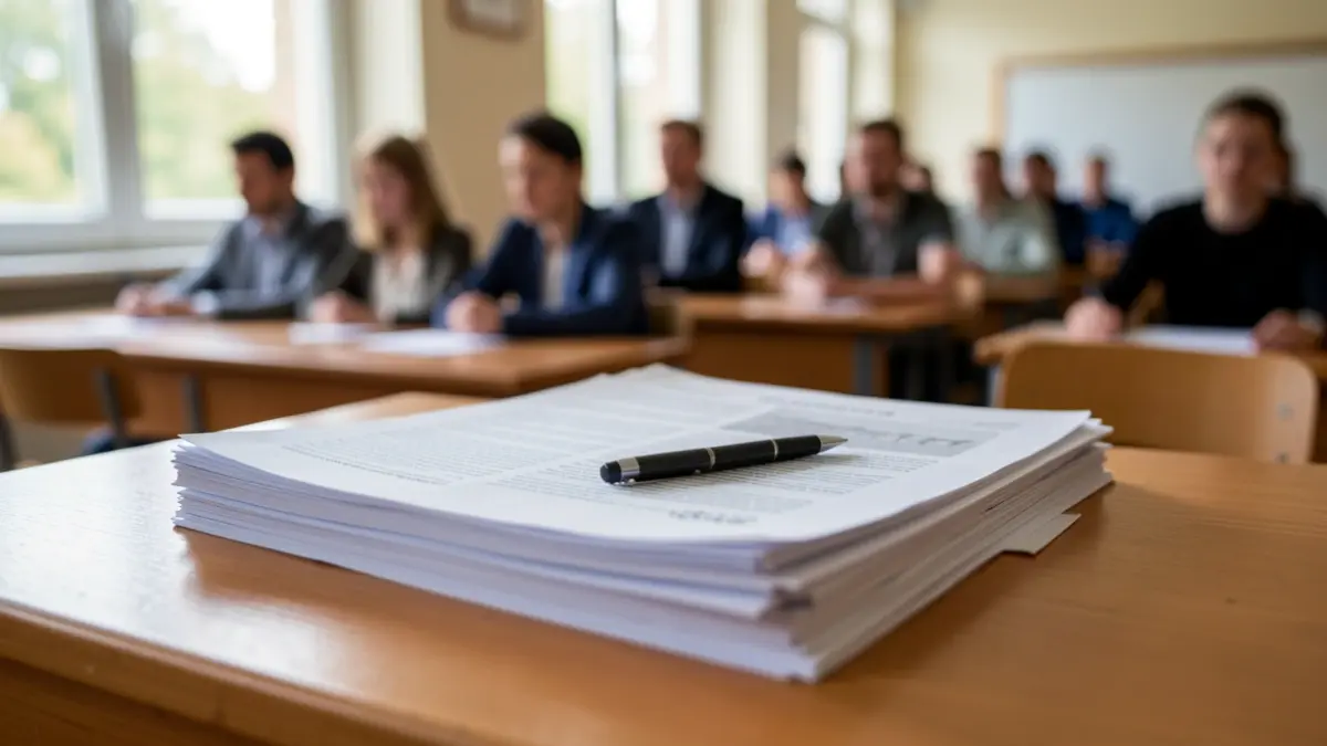 Generic image of educational materials and examination documents on a desk.